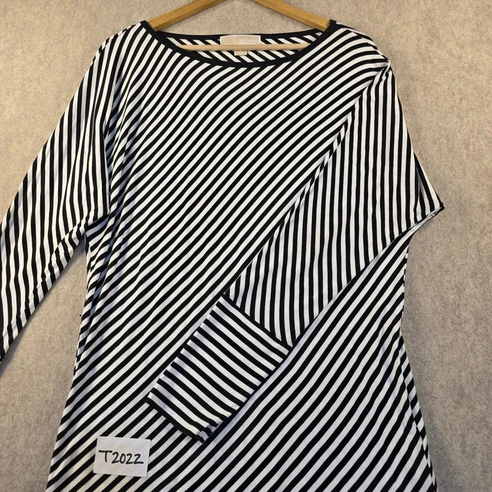 Michael Michael Kors Black White Striped Long Sleeve Boat Neck Top Medium